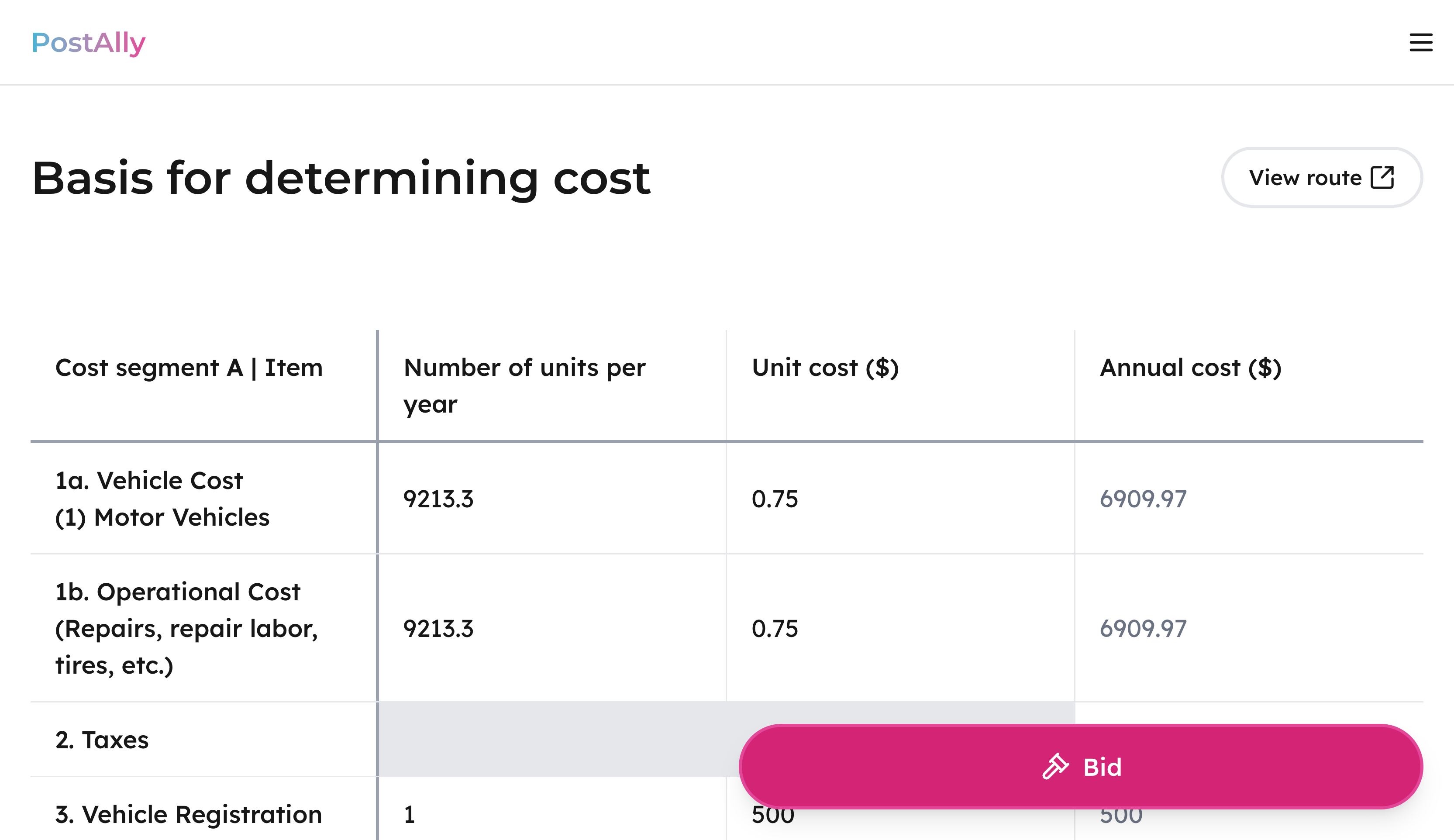 AI-generated bid sheet for a USPS mail contract, simplifying the bidding process.