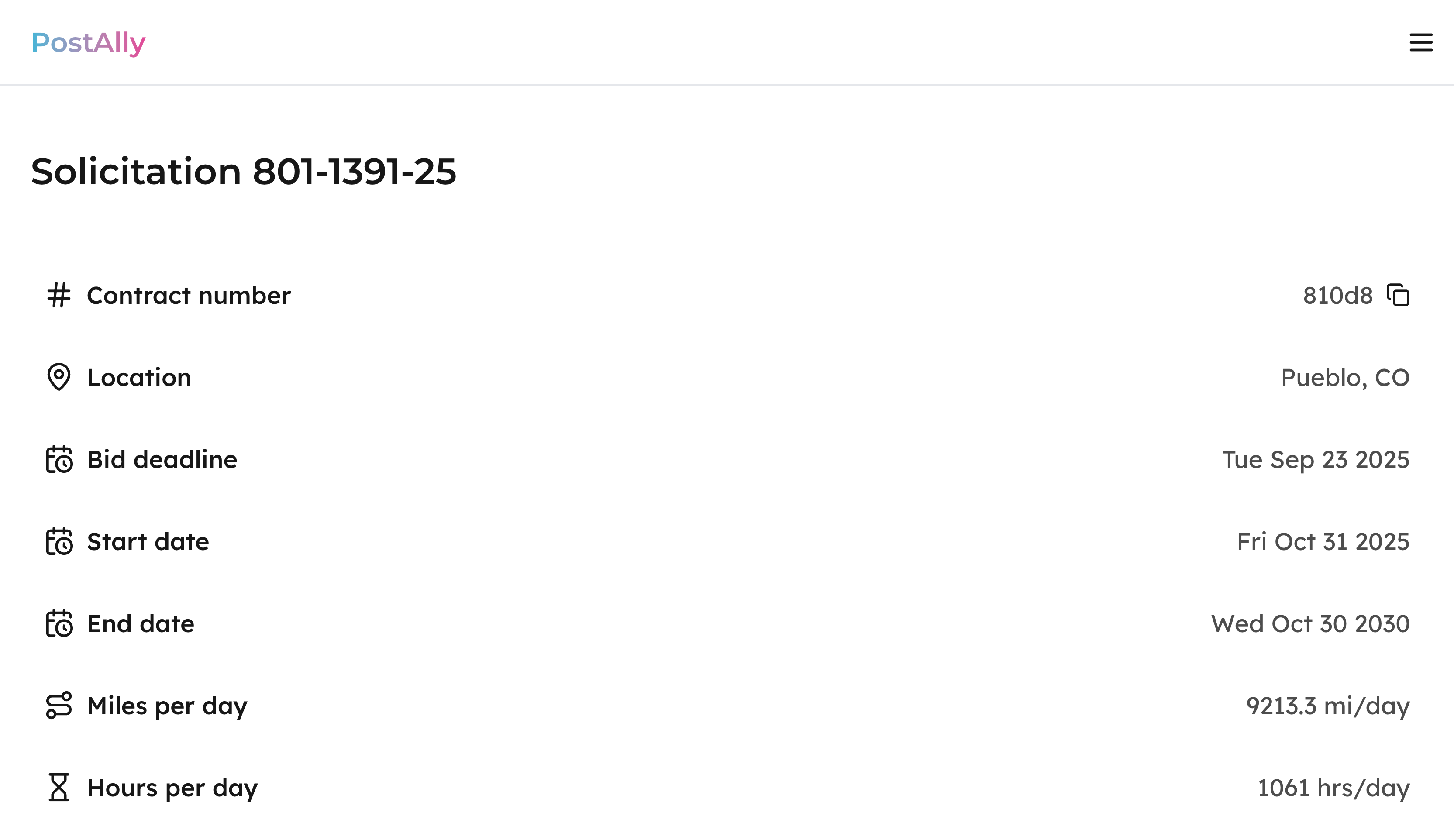 Notification screen for new USPS contract solicitations, helping bidders stay informed.